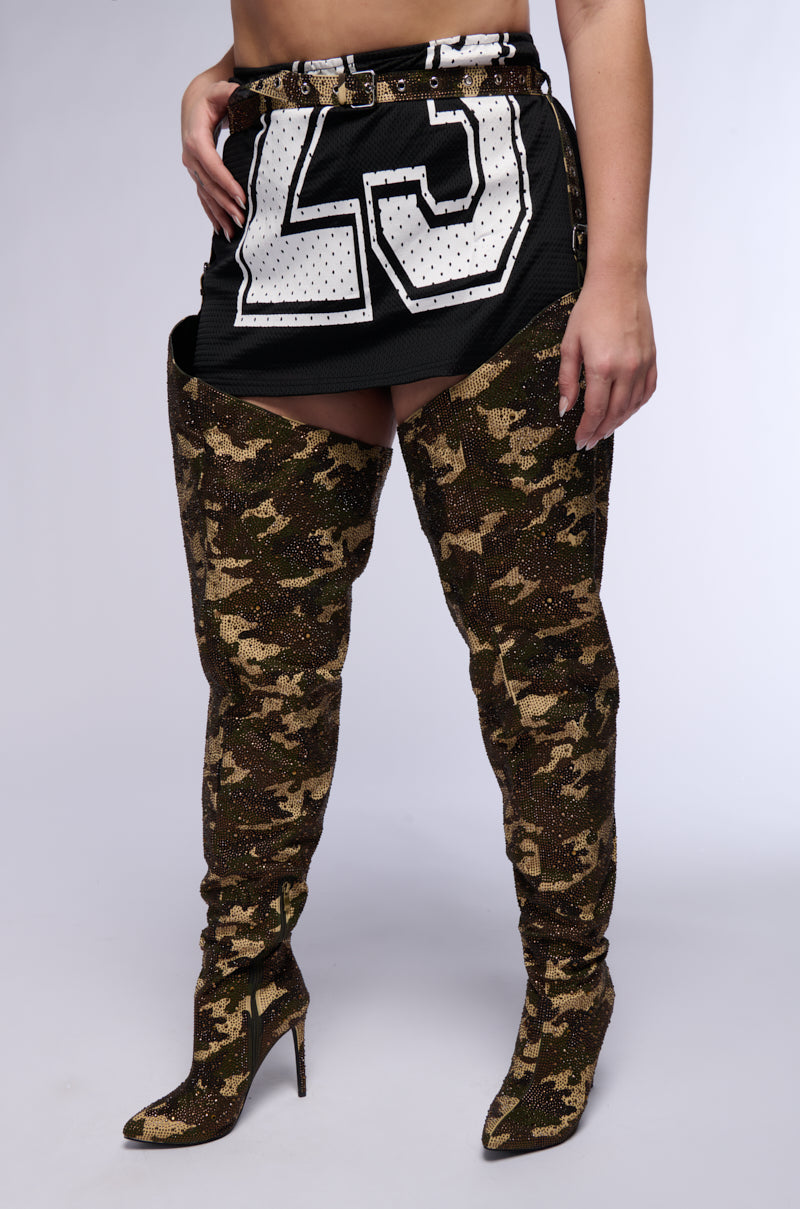 Extra View Azalea Wang Batula Embellished Belted Chap Boot In Camo