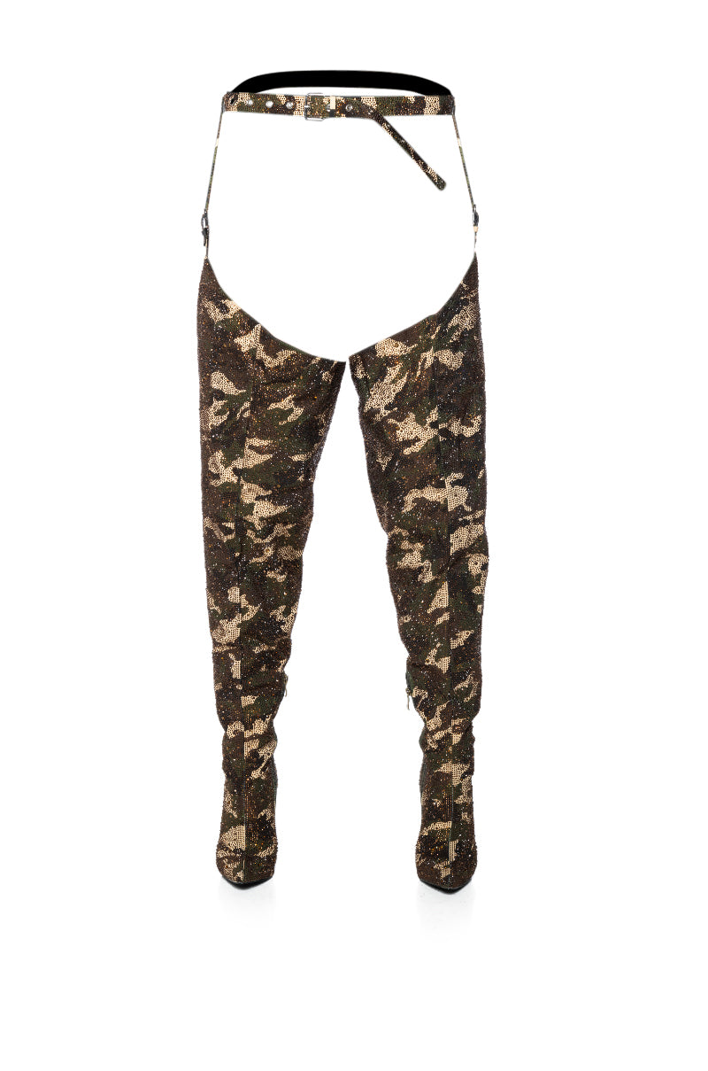 Back View Azalea Wang Batula Embellished Belted Chap Boot In Camo