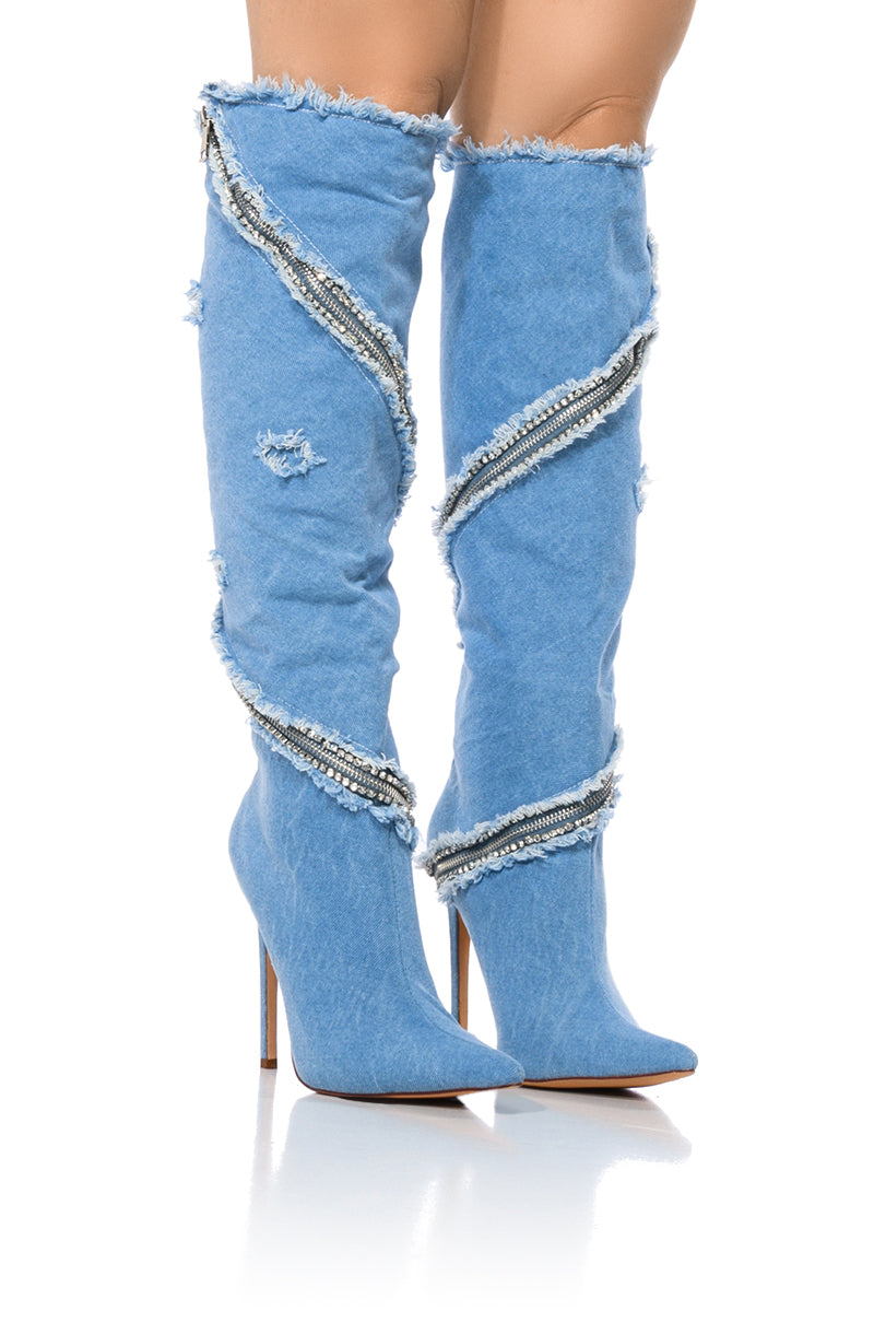 Front View Azalea Wang Bebop Embellished Zipper Detail Stiletto Boot In Denim