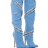 Front View Azalea Wang Bebop Embellished Zipper Detail Stiletto Boot In Denim