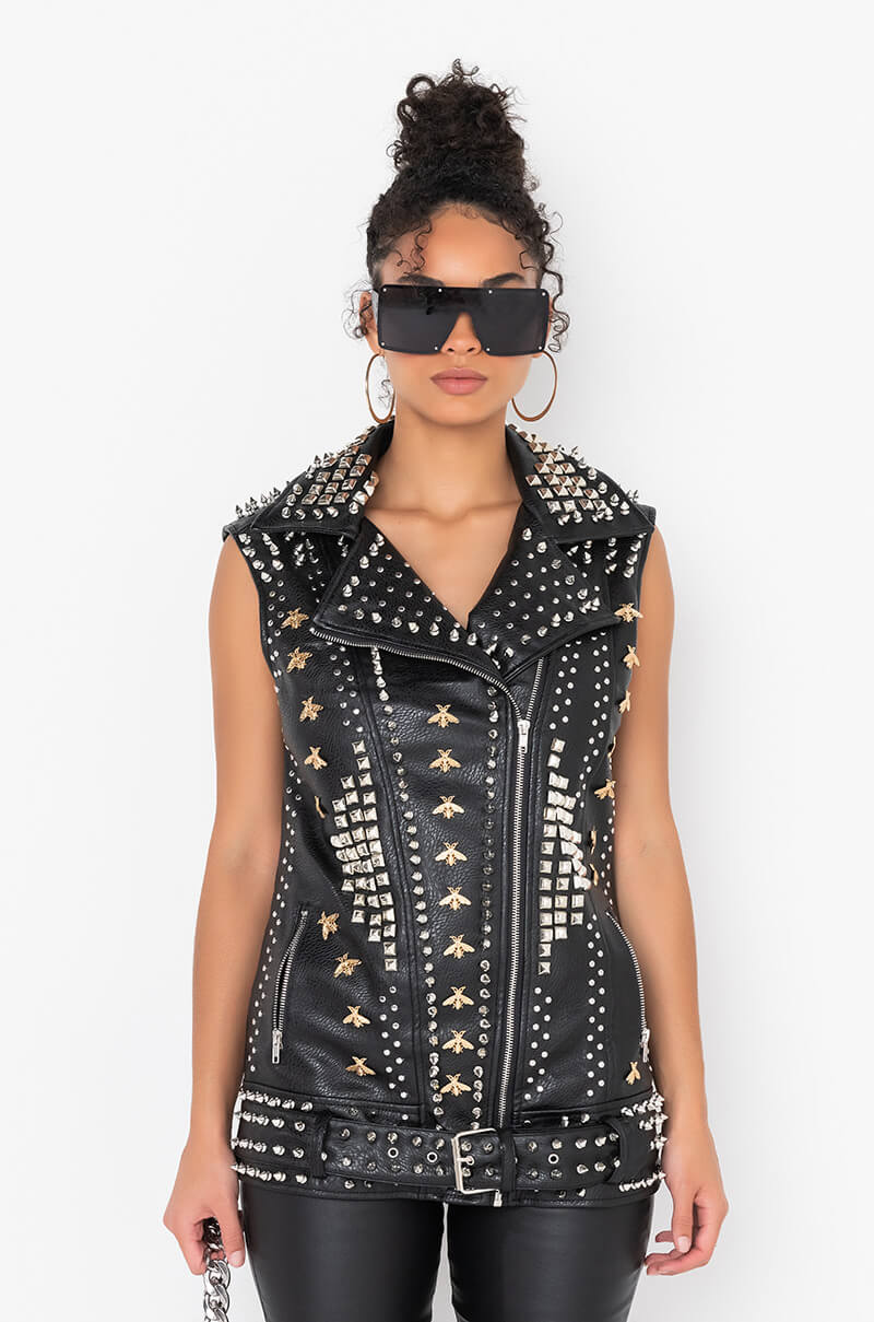 Back View Azalea Wang Beehive Studded Out Oversized Moto Vest 2