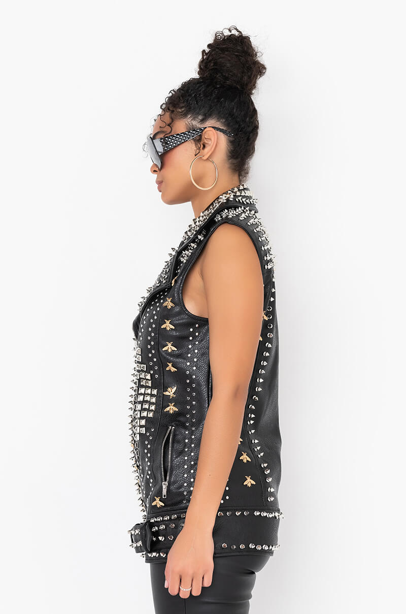 Detail View Azalea Wang Beehive Studded Out Oversized Moto Vest 3