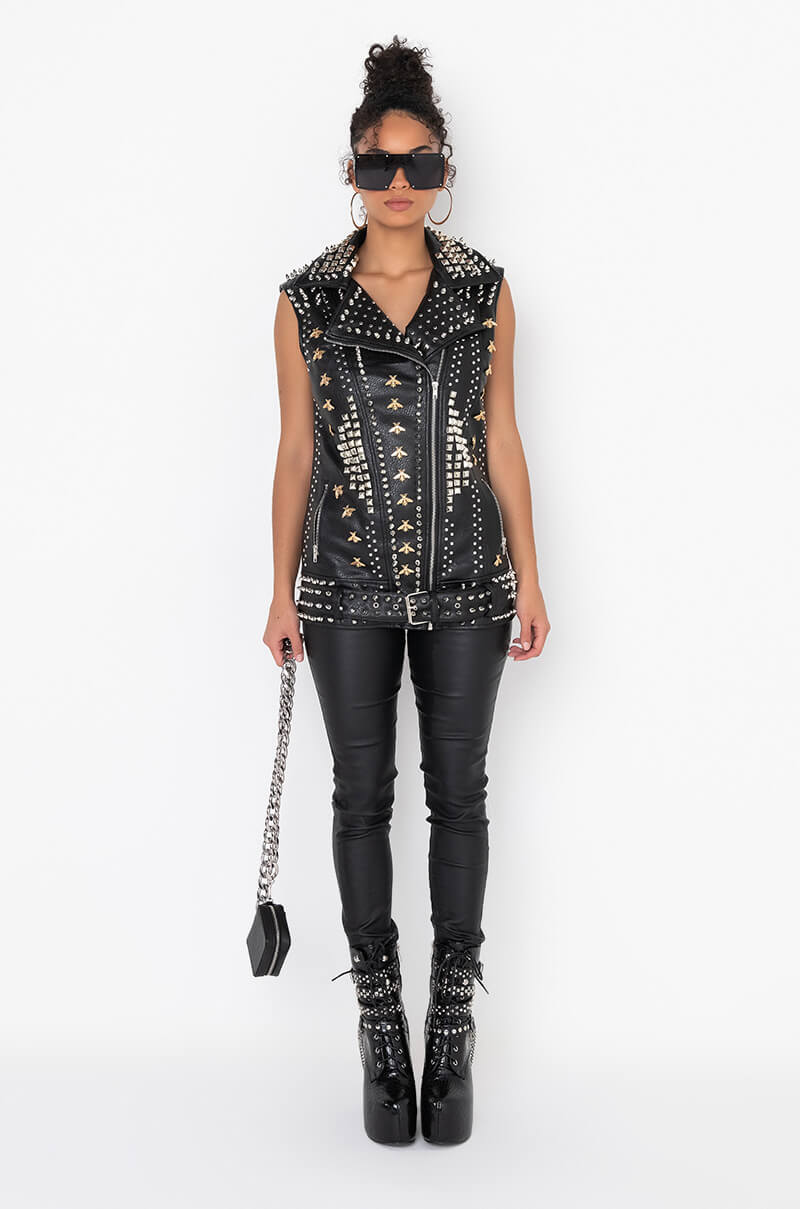 Extra View Azalea Wang Beehive Studded Out Oversized Moto Vest 6