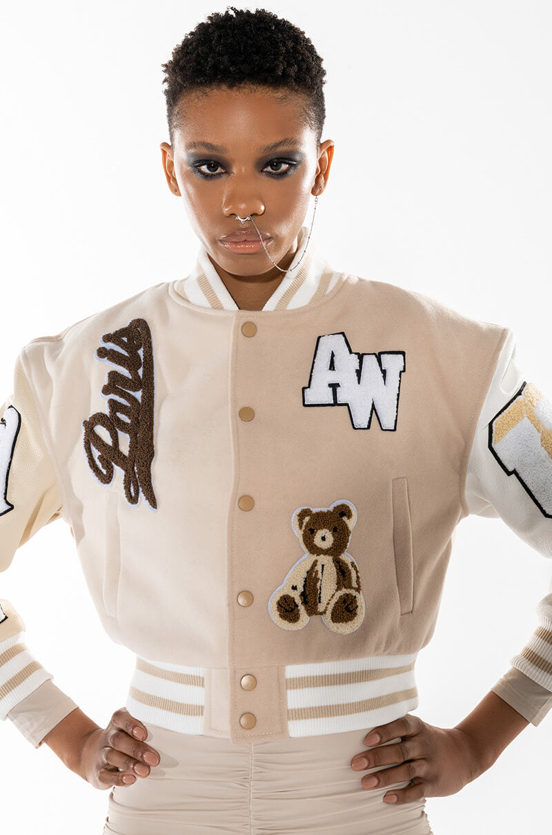 Front View Azalea Wang Beige Ruela Varsity Jacket