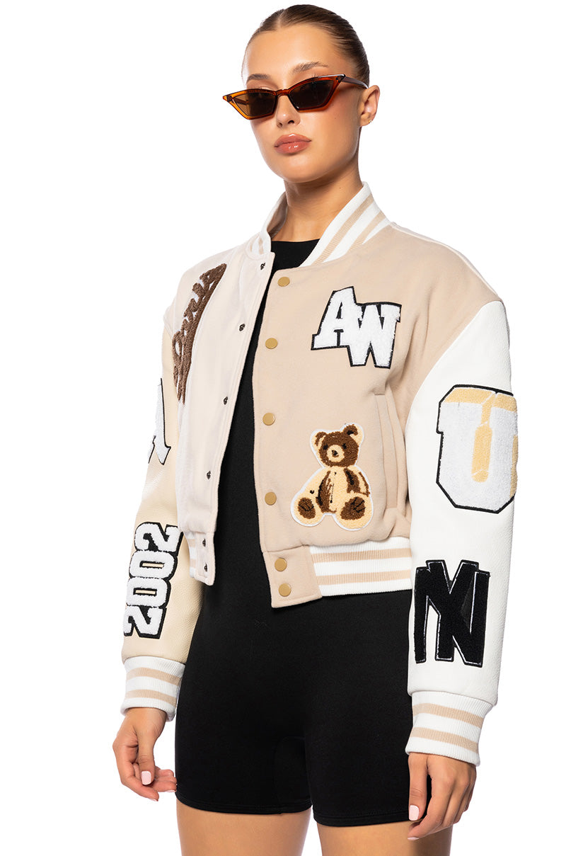 Front View Azalea Wang Beige Ruela Varsity Jacket