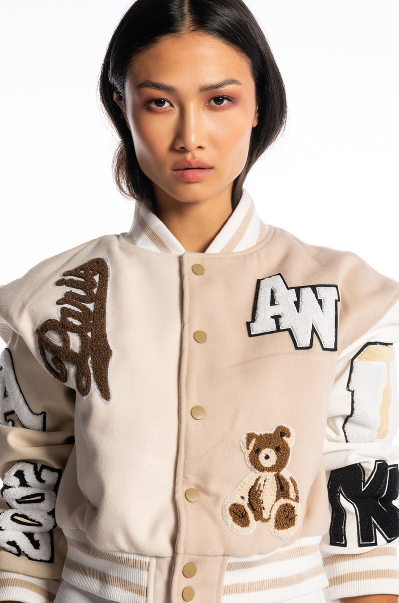 Front View Azalea Wang Beige Ruela Varsity Jacket