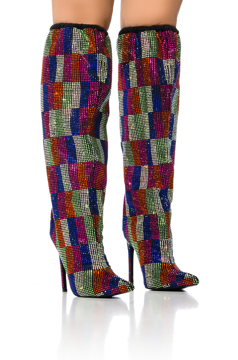 AZALEA WANG BELEN MULTI CHECKERBOARD RHINESTONE DETAIL BOOT view 0
