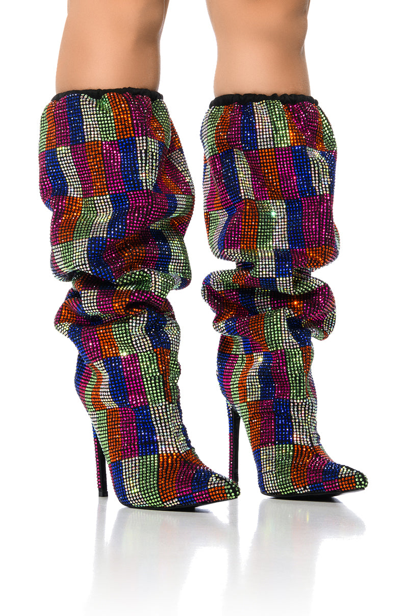 Side View Azalea Wang Belen Multi Checkerboard Rhinestone Detail Boot