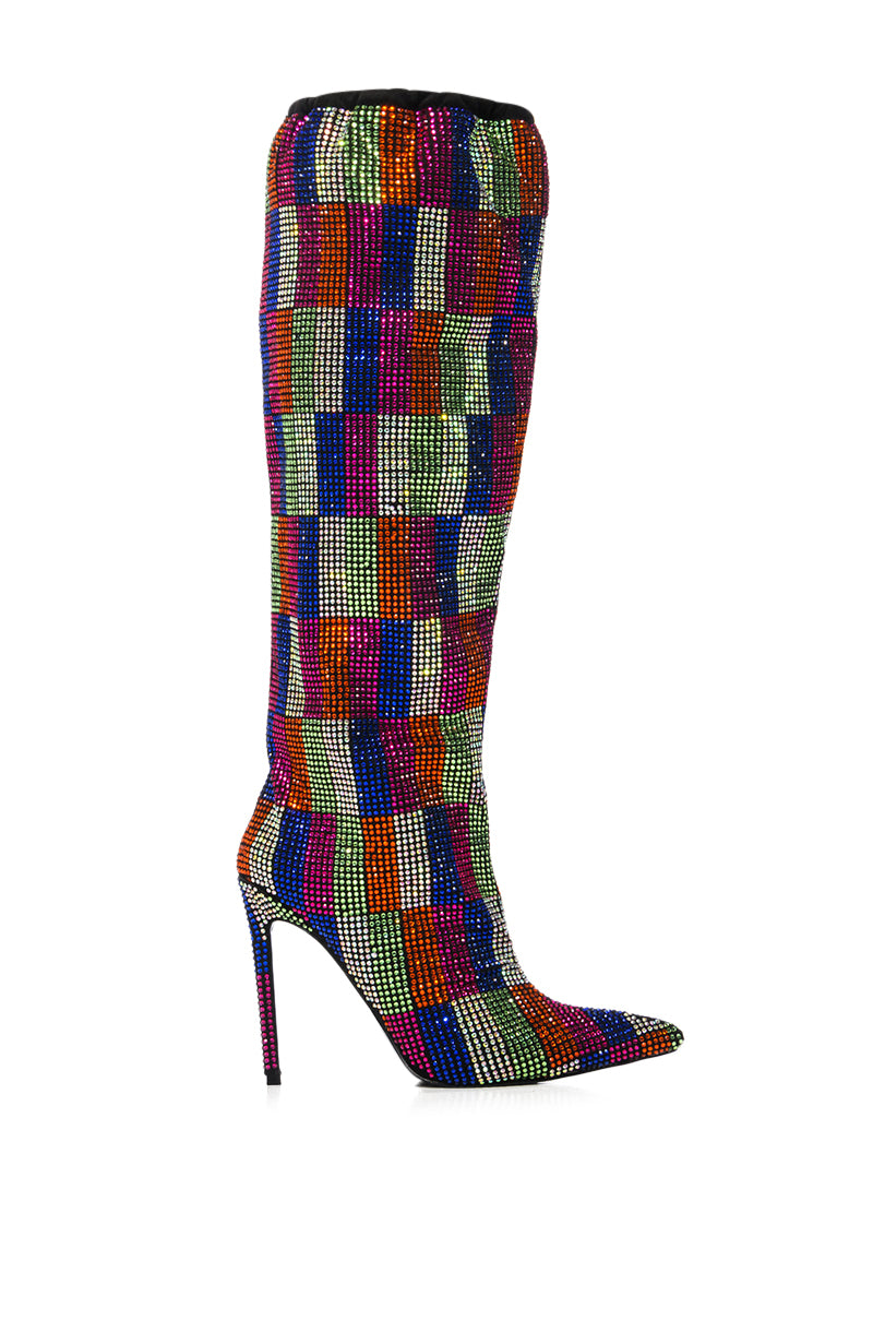 Back View Azalea Wang Belen Multi Checkerboard Rhinestone Detail Boot