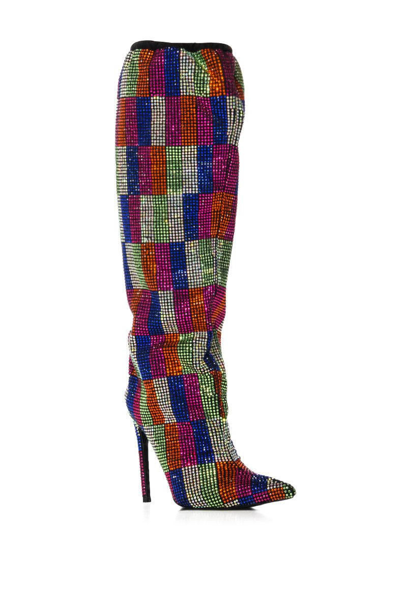 Full View Azalea Wang Belen Multi Checkerboard Rhinestone Detail Boot