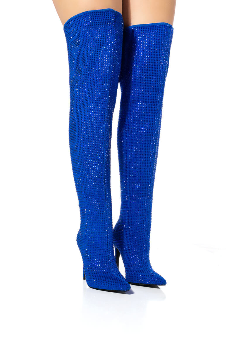 Front View Azalea Wang Bella Bling Stiletto Boot In Blue