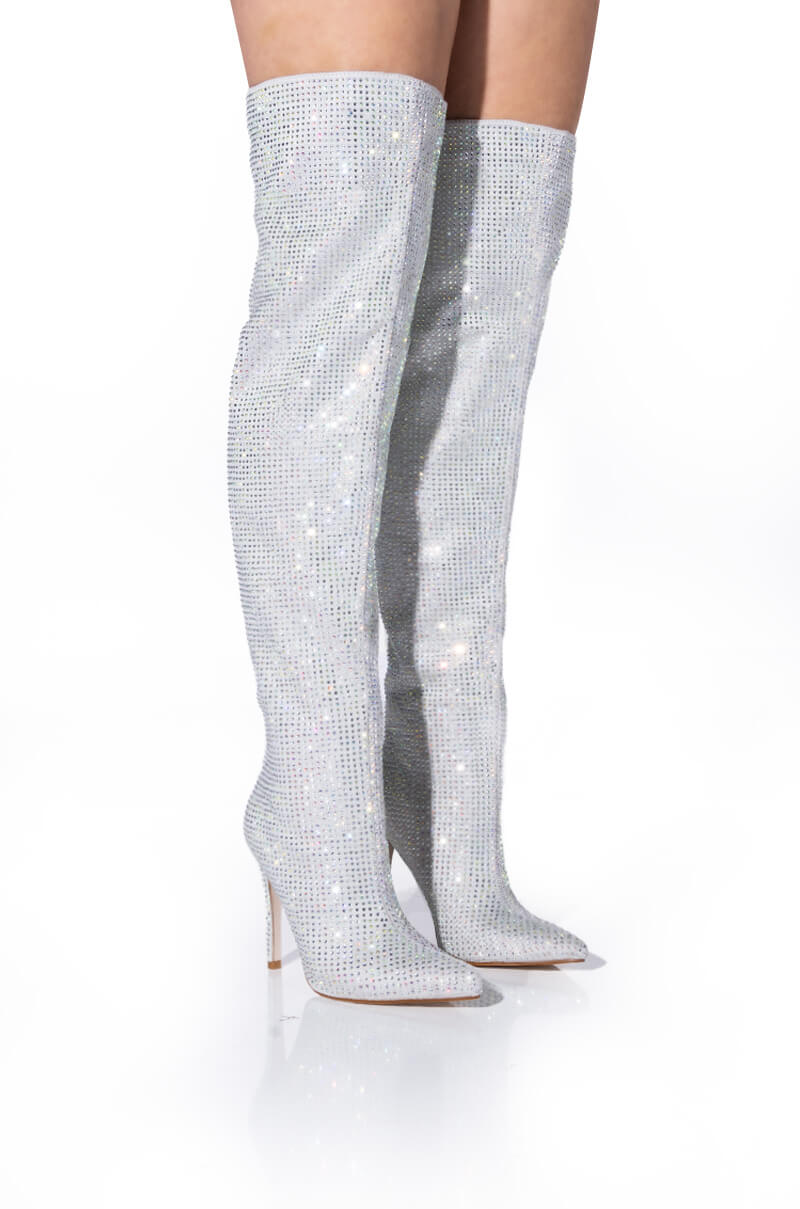 Front View Azalea Wang Bella Bling Stiletto Boot In Silver 2