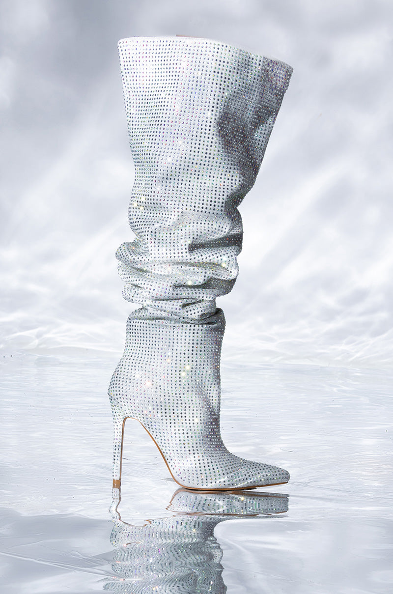 Front View Azalea Wang Bella Bling Stiletto Boot In Silver 1