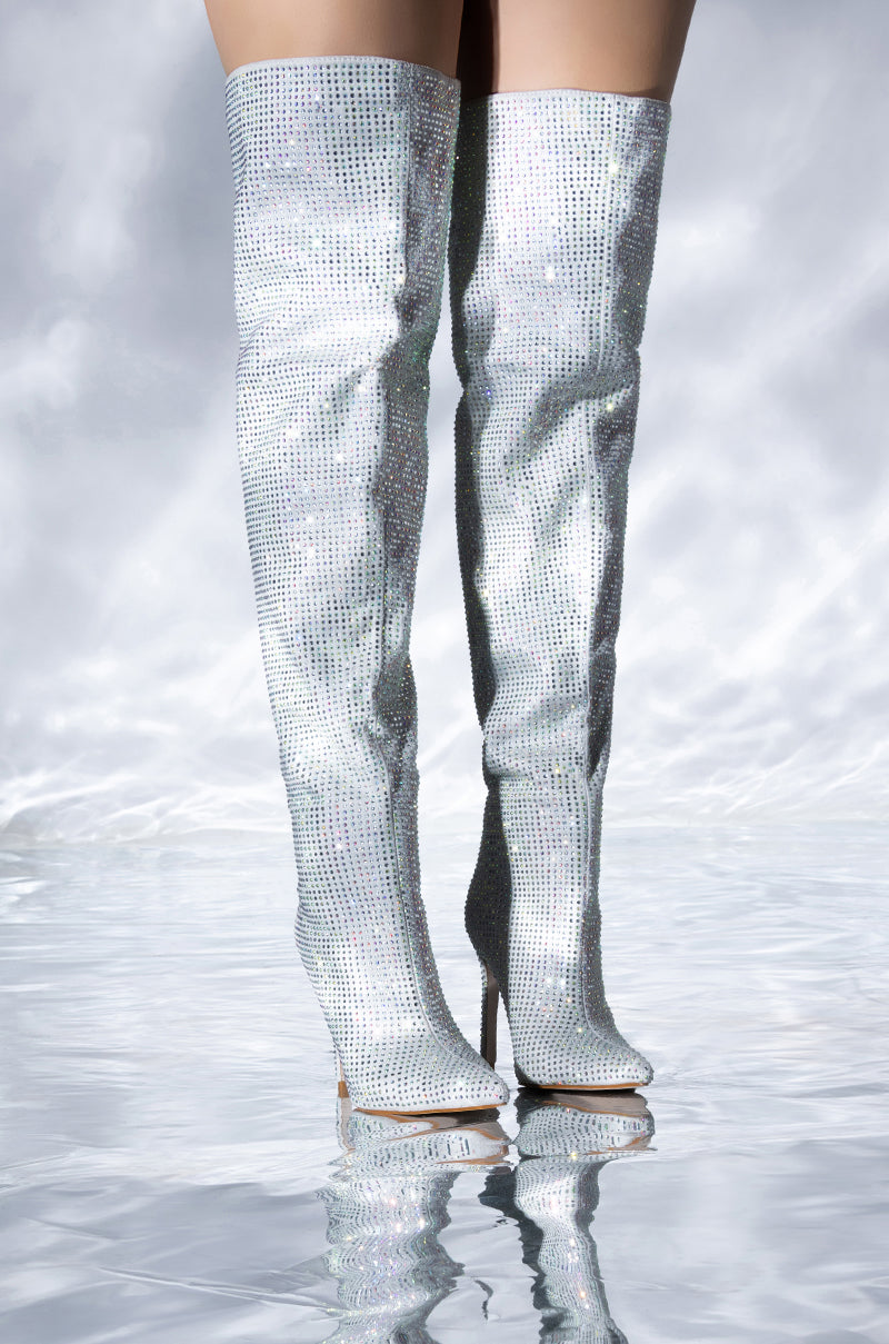 Front View Azalea Wang Bella Bling Stiletto Boot In Silver 0