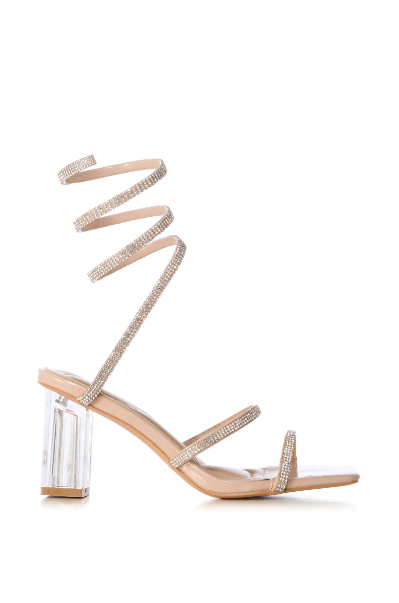 Side View Azalea Wang Bellona Nude Sandal With Embellished Coil Wrap