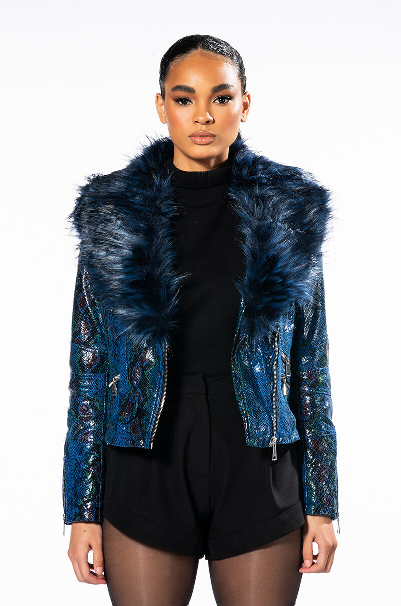 Detail View Azalea Wang Benny Fur Collar Snake Jacket