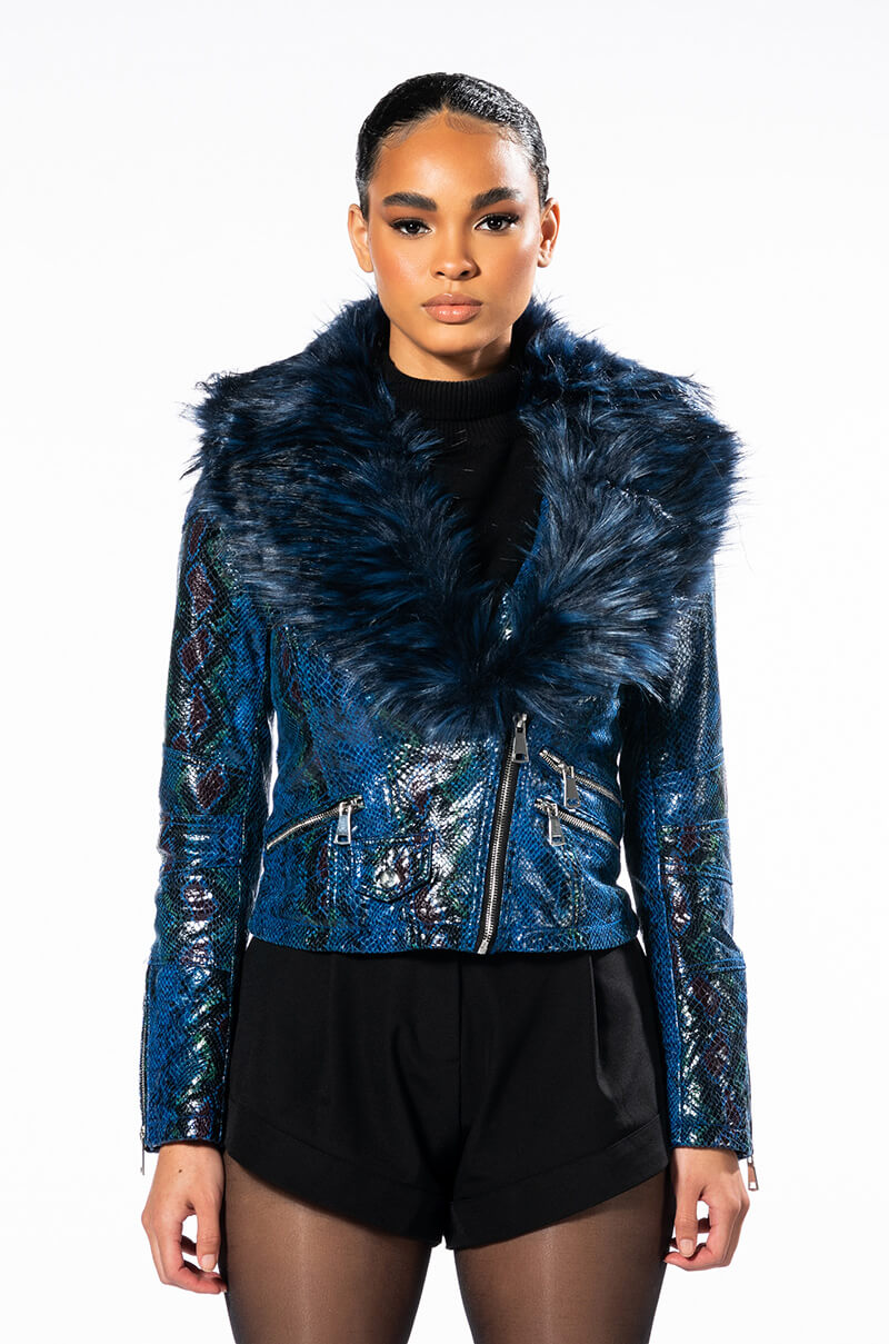 Full View Azalea Wang Benny Fur Collar Snake Jacket
