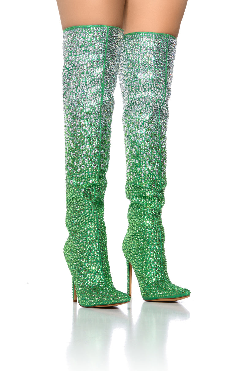 Front View Azalea Wang Bergamont Green Ombre Rhinestone Embellished Boot