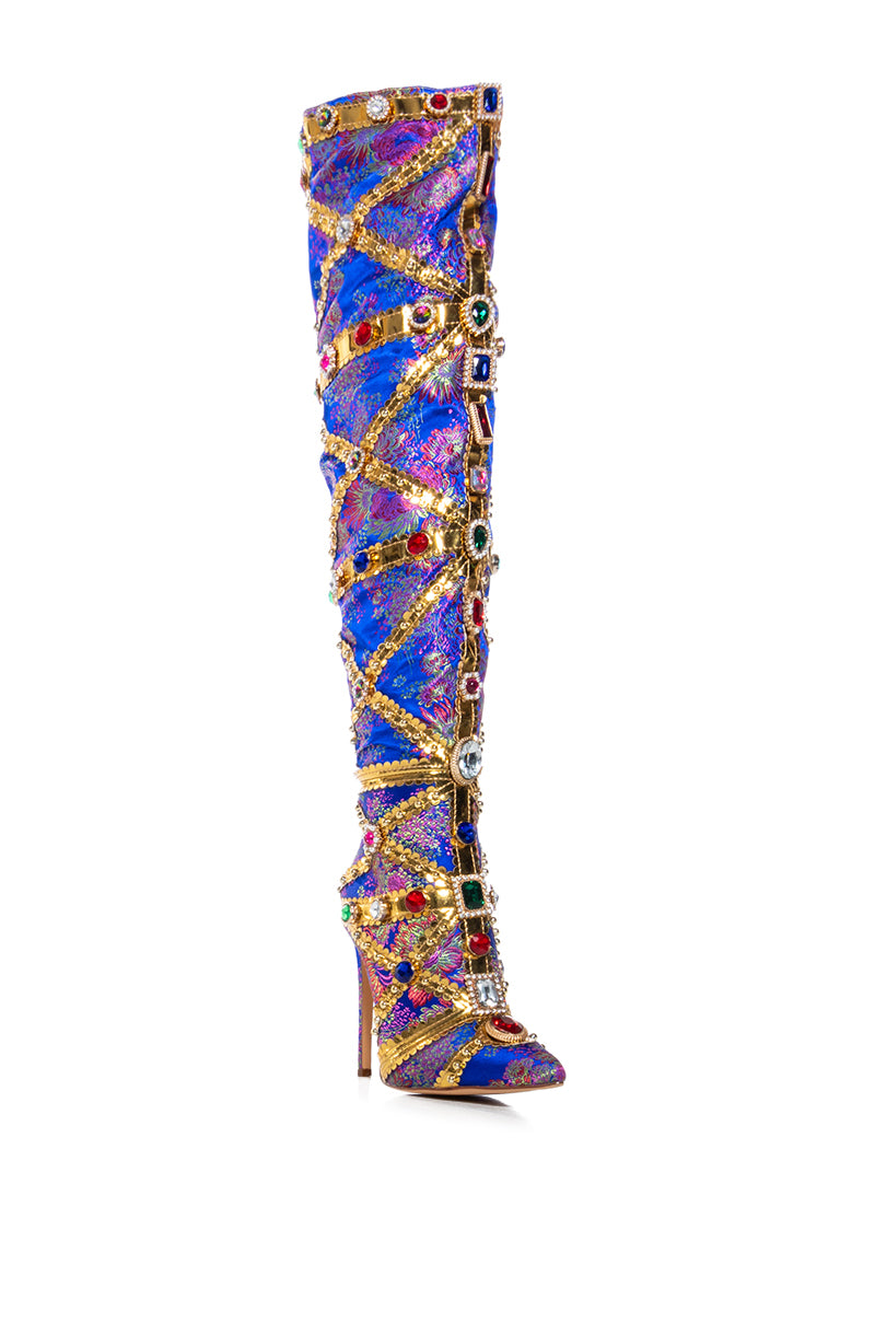 Back View Azalea Wang Berkley Blue Barocade Embellished Boot