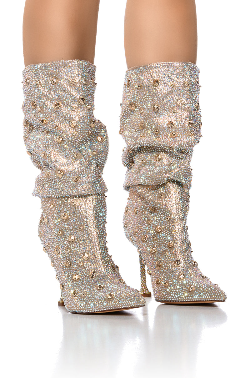 Front View Azalea Wang Beverly Hills Gold Embellished Boot