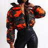 Front View Azalea Wang Big Spender Cropped Camo Puffer in Orange Camo