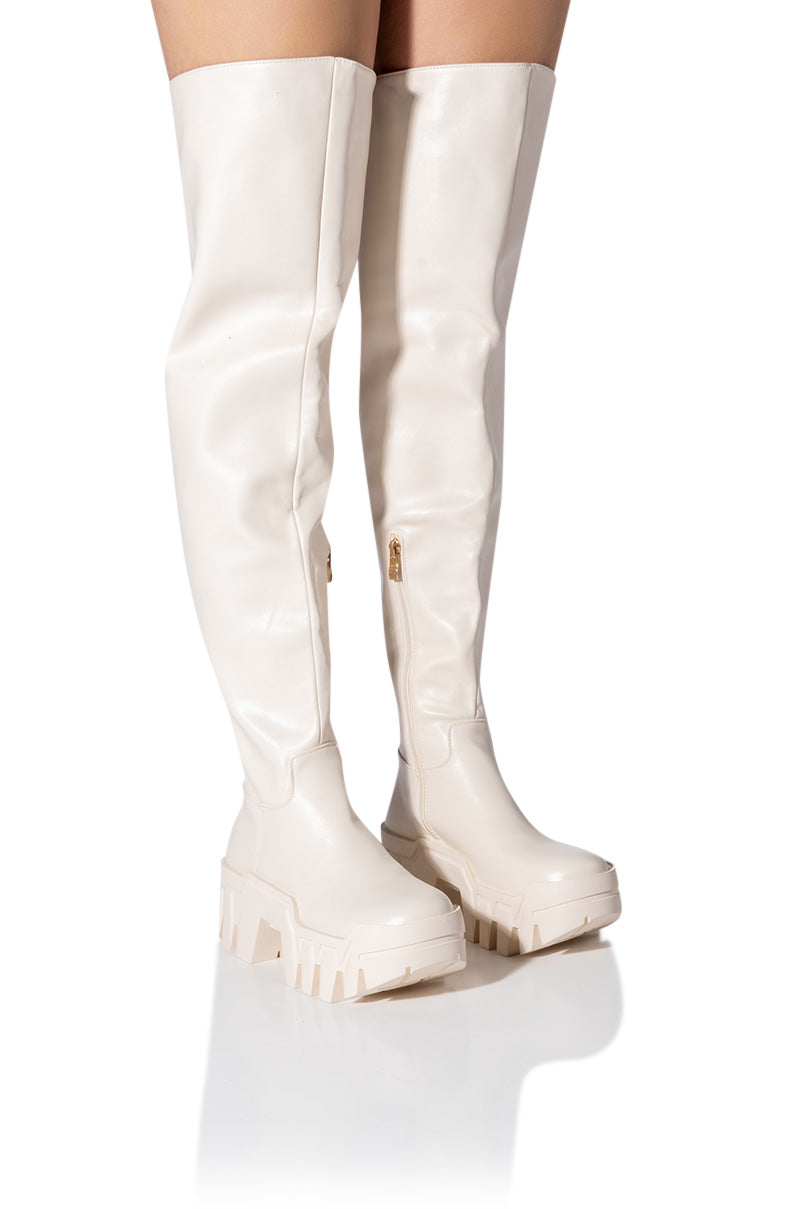Front View Azalea Wang Big Stepper Thigh High Flatform Boot In Cream