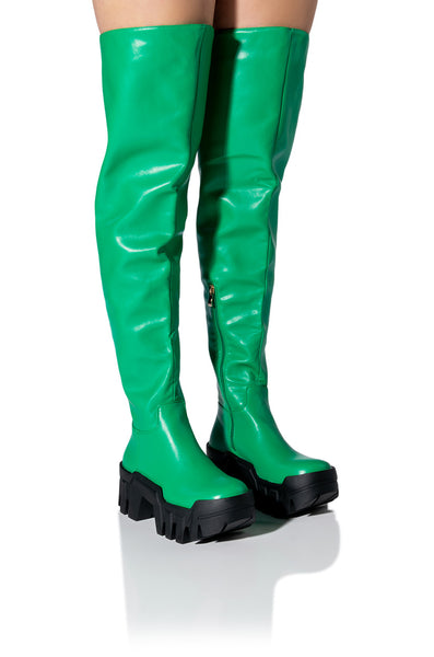 AZALEA WANG SUSIE THIGH HIGH FLATFORM BOOT IN GREEN – AKIRA
