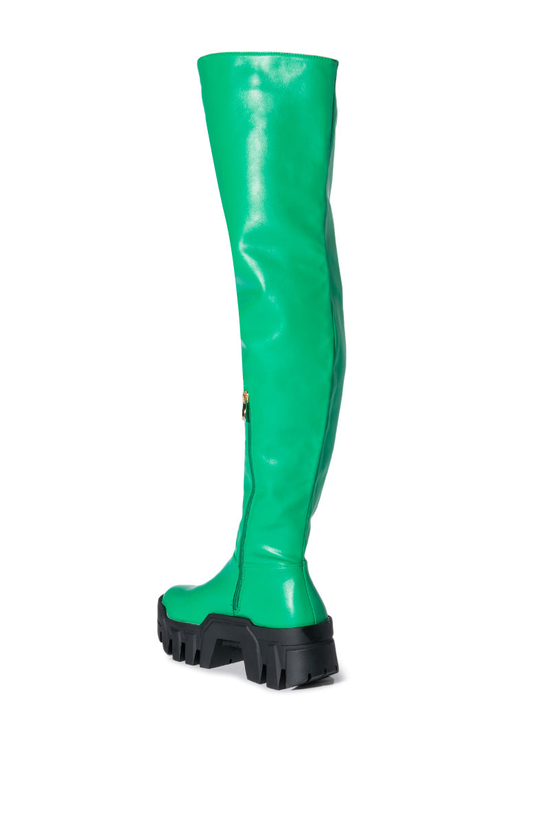 Detail View Azalea Wang Big Stepper Thigh High Flatform Boot In Green