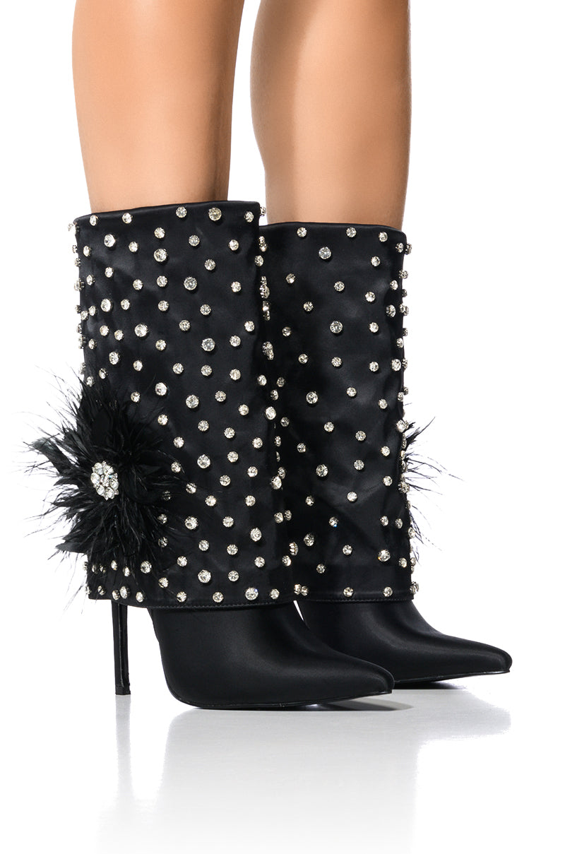 Front View Azalea Wang Blaise Black Diamond Studded Boot With Flower Detail