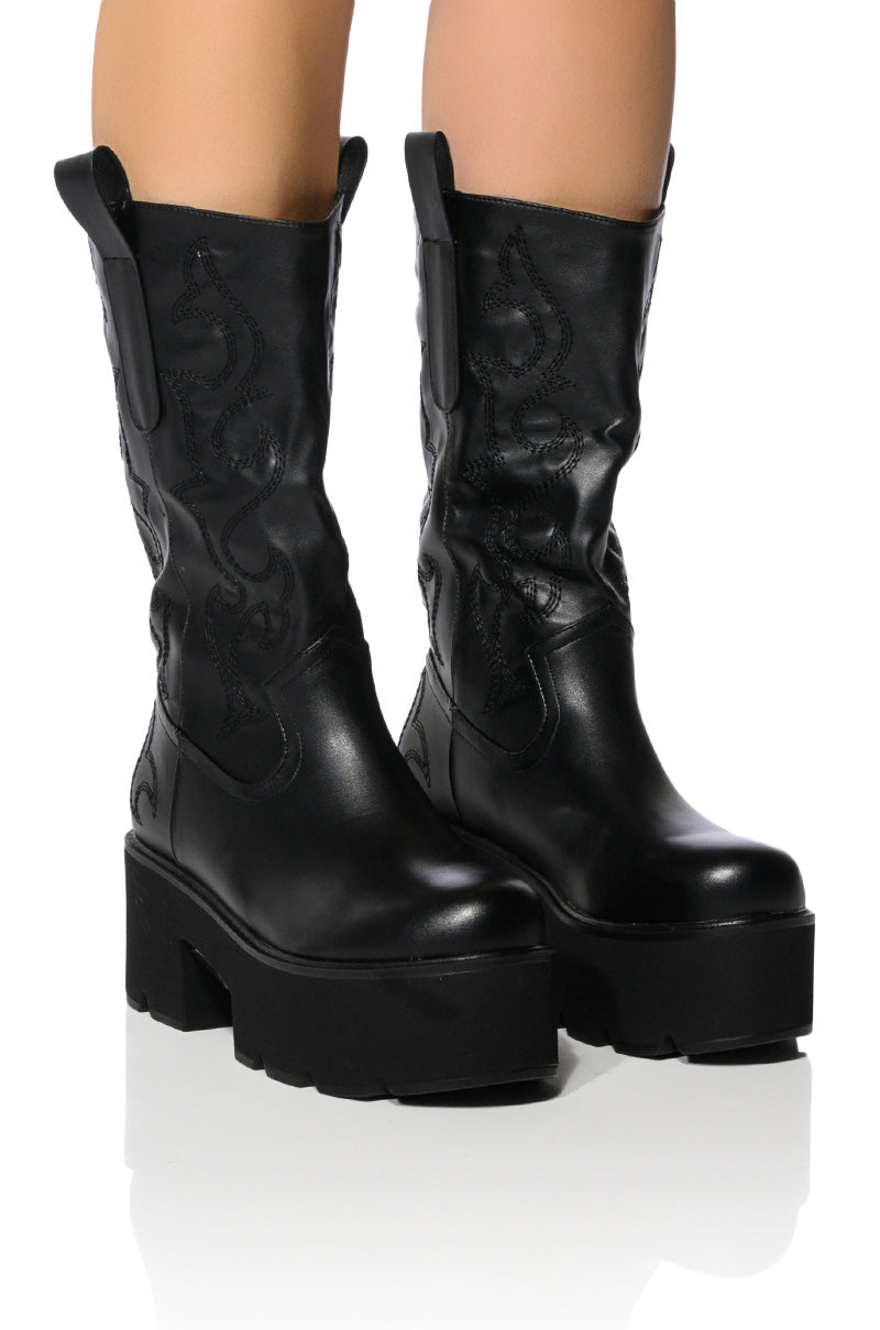 Front View Azalea Wang Blizzard Chunky Western Boot In Black
