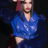 Front View Azalea Wang Blue Nolla Faux Fur Arms Croc Moto Jacket