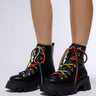 Front View Azalea Wang Bracken Black Flatform Bootie With Rainbow Laces