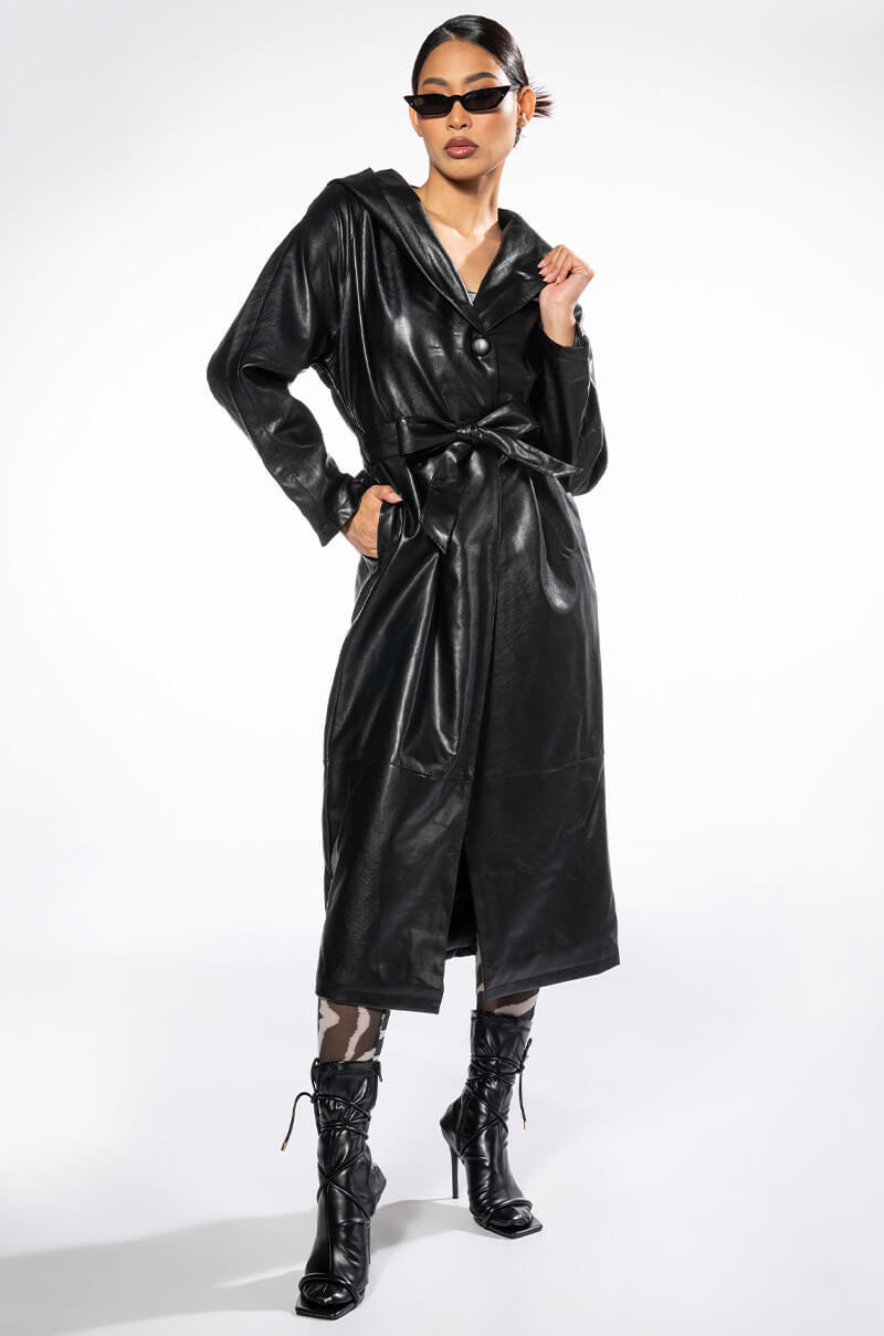 Side View Azalea Wang Bring The Drama Pu Hooded Trench Coat