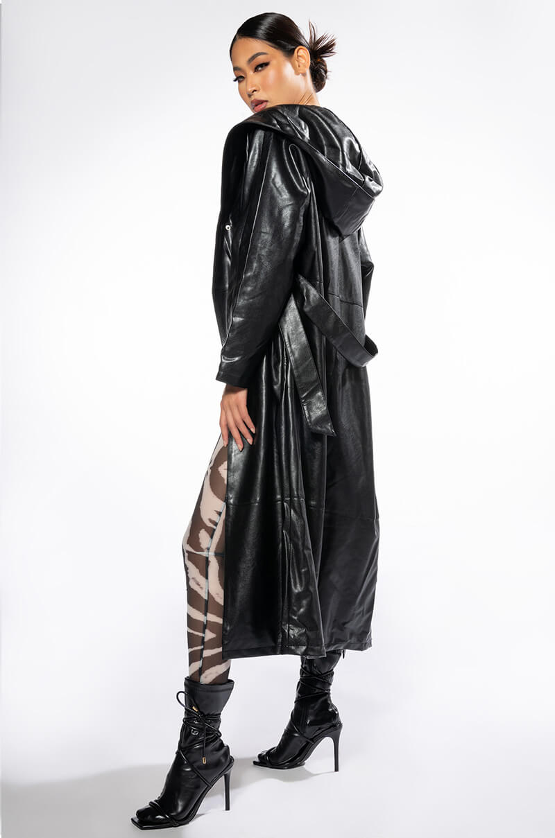 Back View Azalea Wang Bring The Drama Pu Hooded Trench Coat