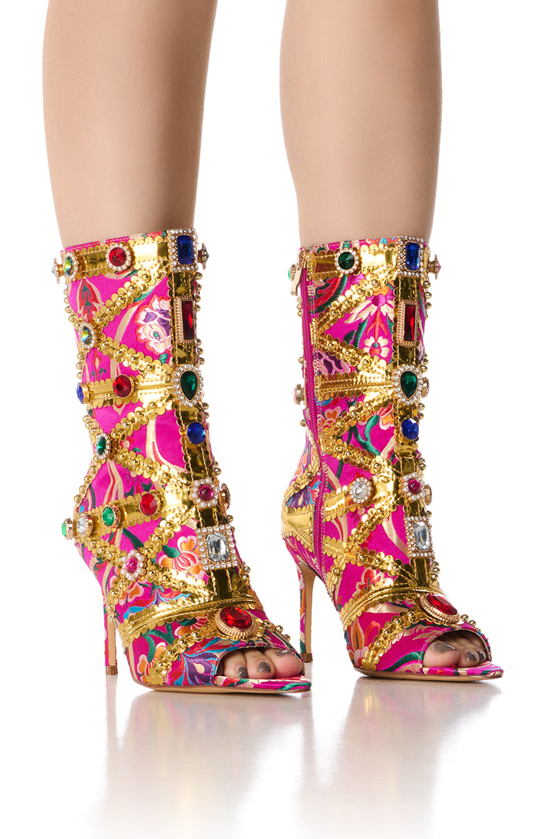 Front View Azalea Wang Bristow Brocade Embellished Open Toe Bootie In Pink 0