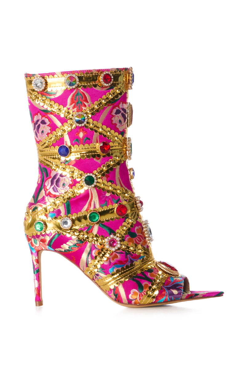 Side View Azalea Wang Bristow Brocade Embellished Open Toe Bootie In Pink 1