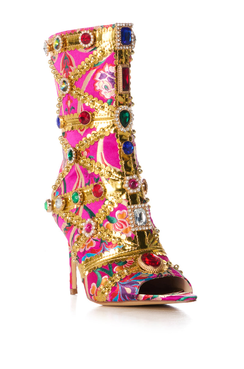 Back View Azalea Wang Bristow Brocade Embellished Open Toe Bootie In Pink 2