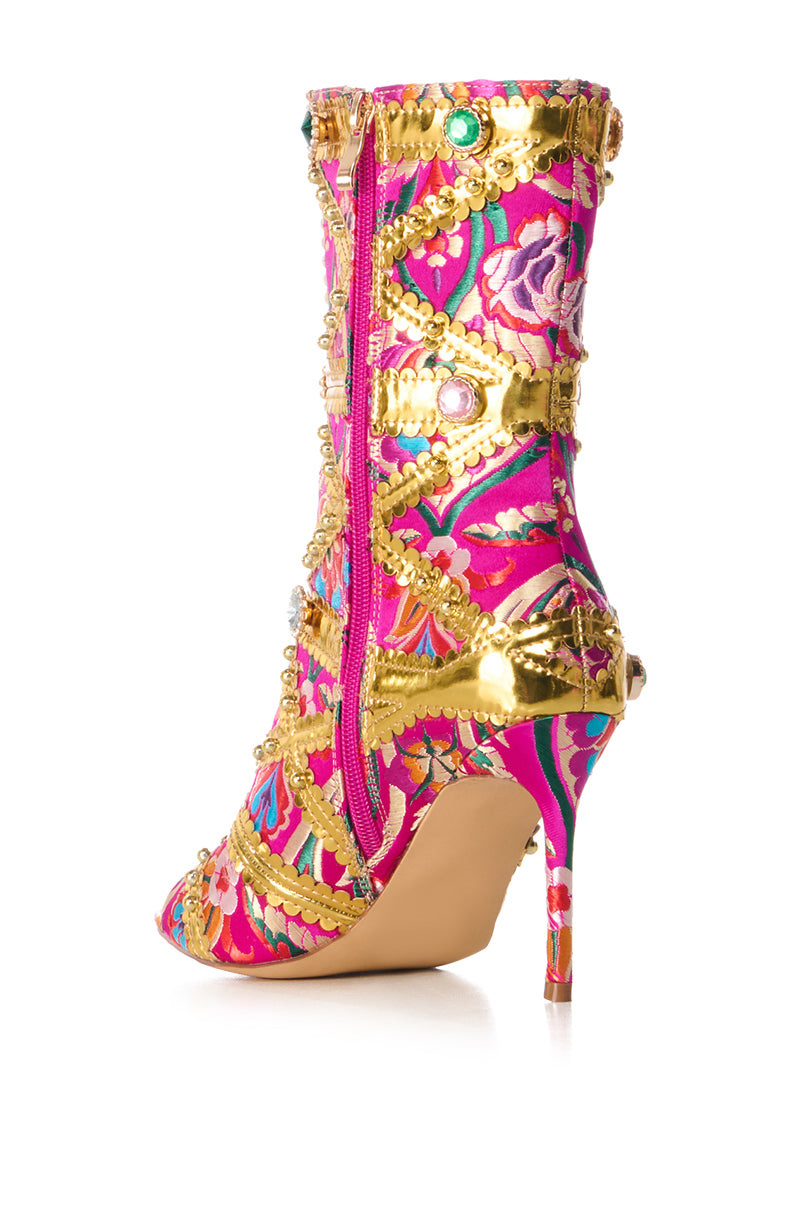Detail View Azalea Wang Bristow Brocade Embellished Open Toe Bootie In Pink 3