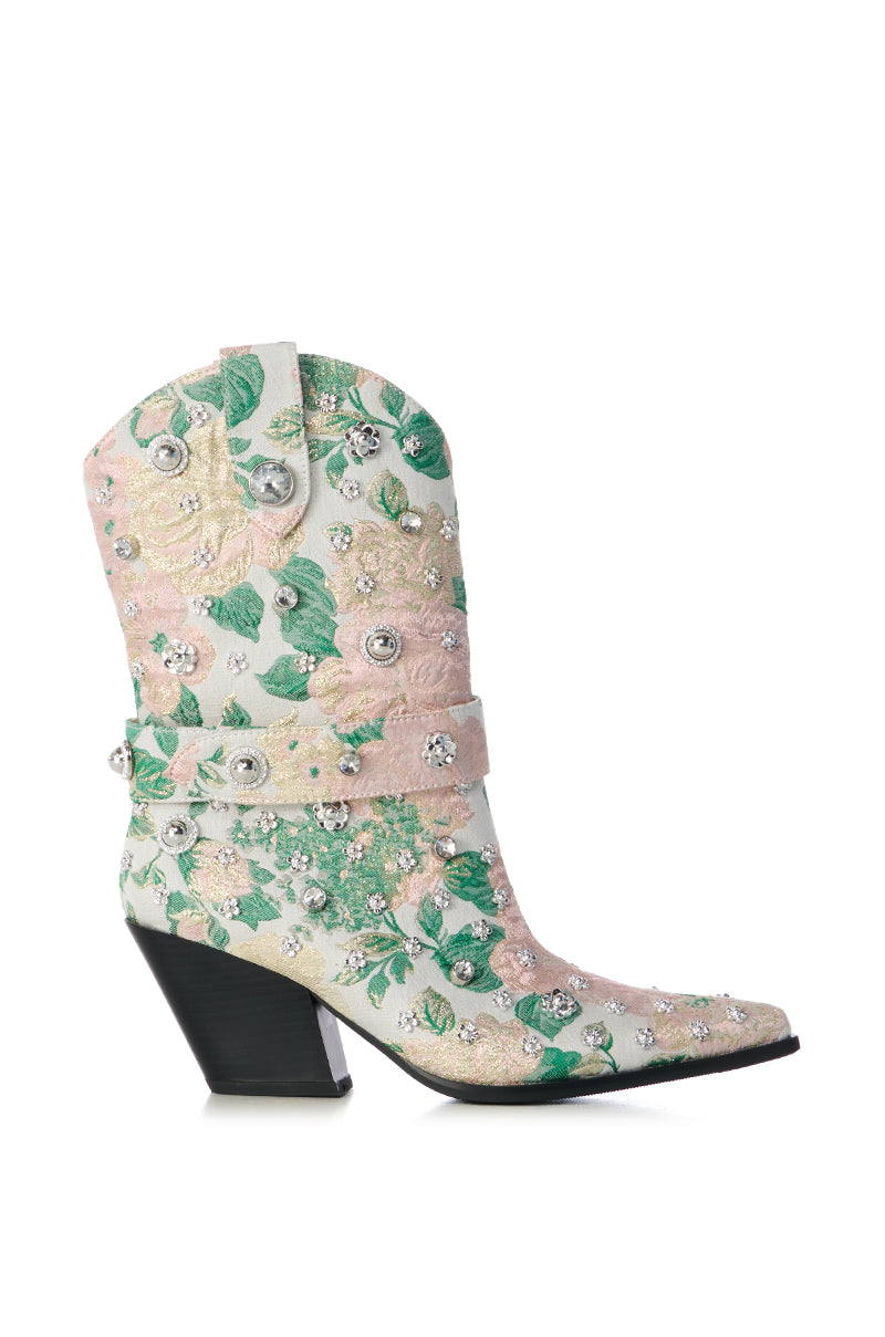 Side View Azalea Wang Brocade Blush Western Bootie