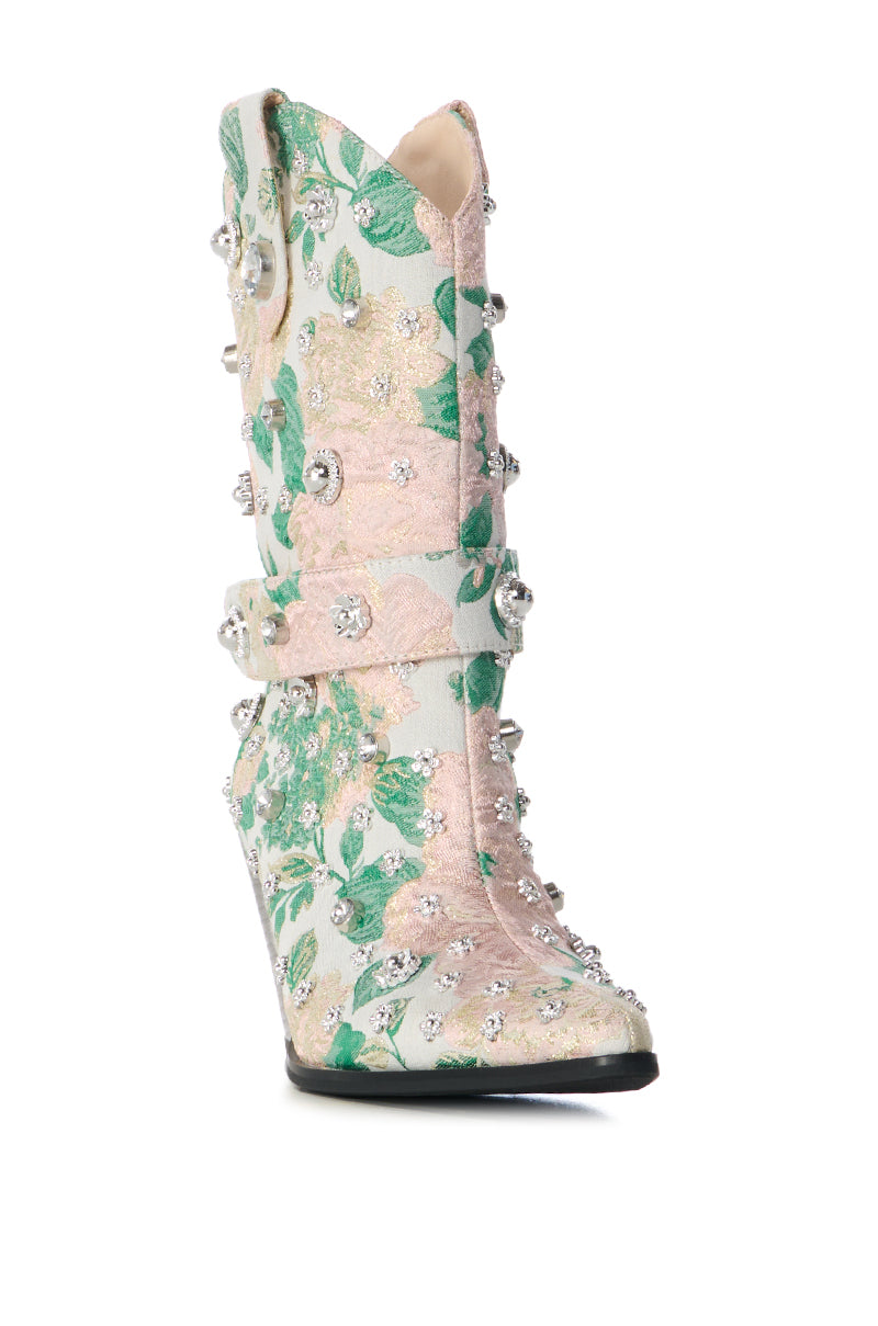Back View Azalea Wang Brocade Blush Western Bootie