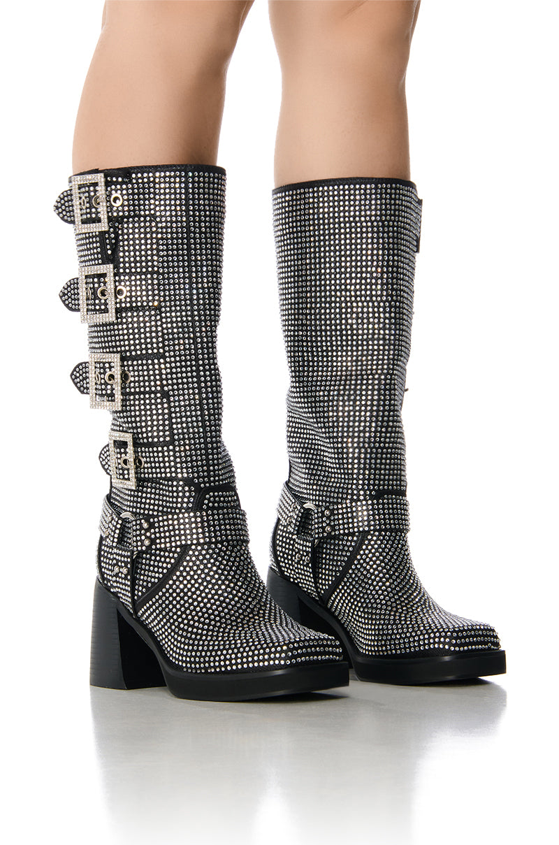 Front View Azalea Wang Bronson Black Rhinestone Embellished Boot 0