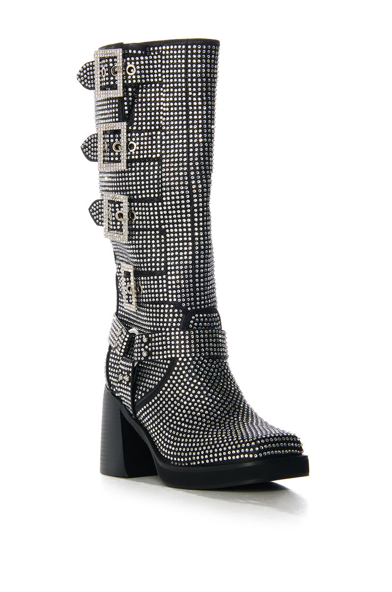 Back View Azalea Wang Bronson Black Rhinestone Embellished Boot 3