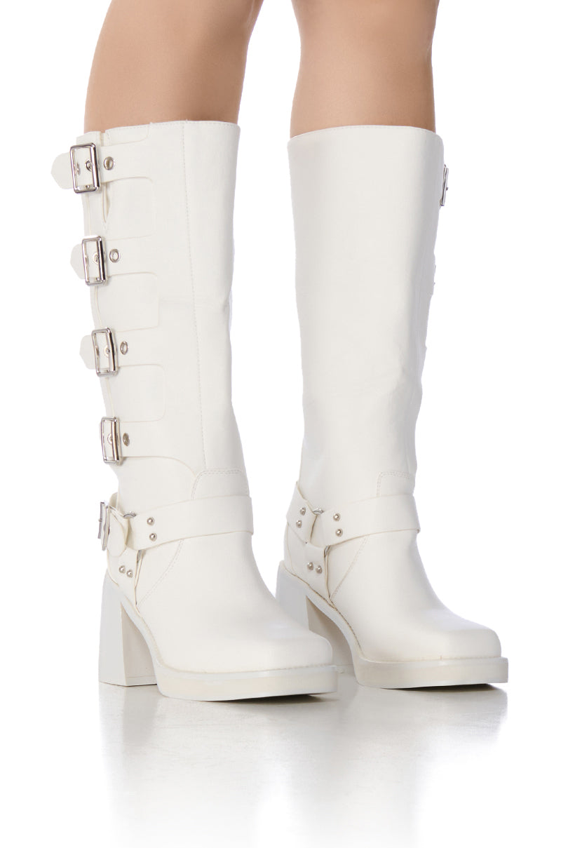 Front View Azalea Wang Bronson White Chunky Boot With Buckle Detail