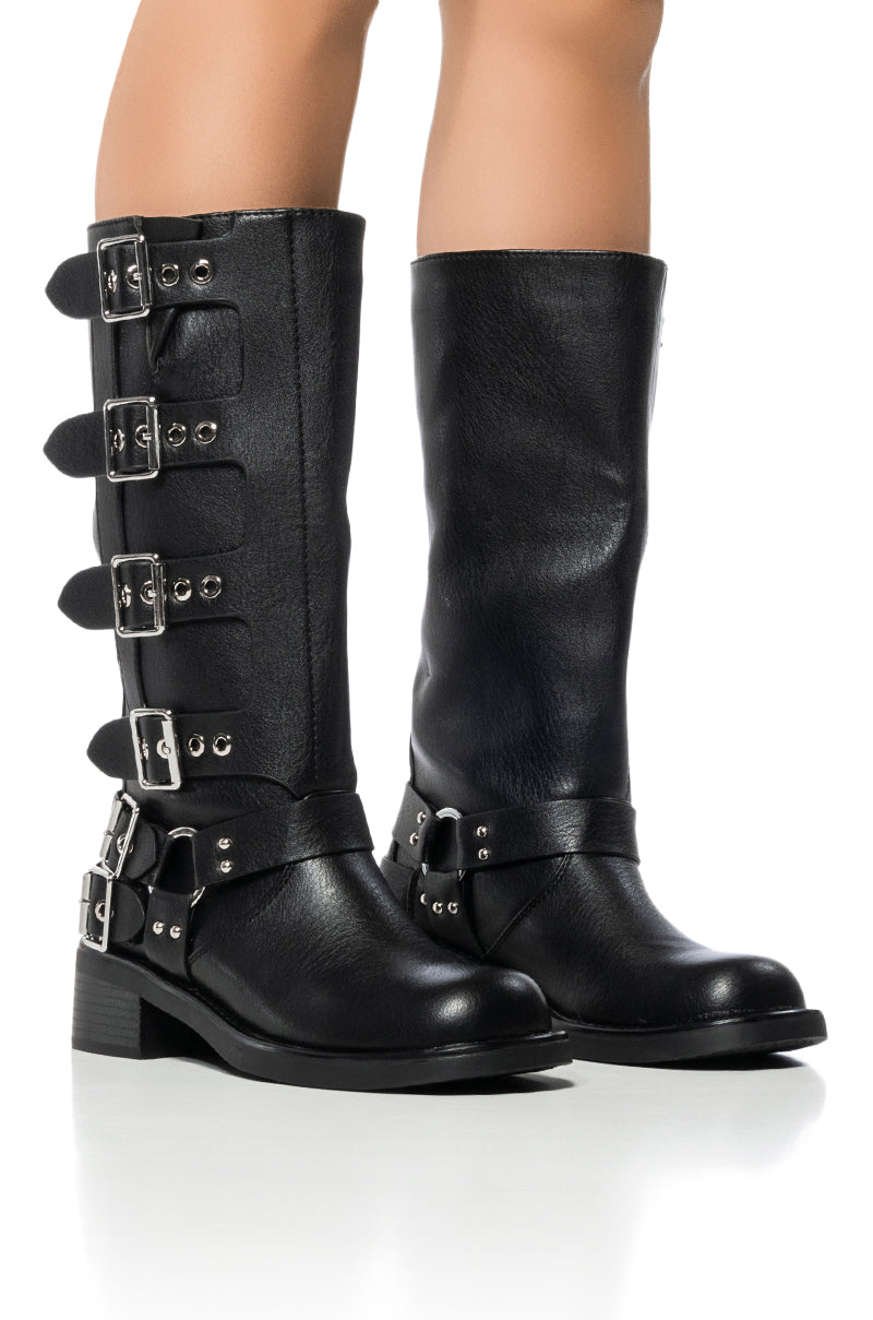 Front View Azalea Wang Buckled Up Black Riding Bootie