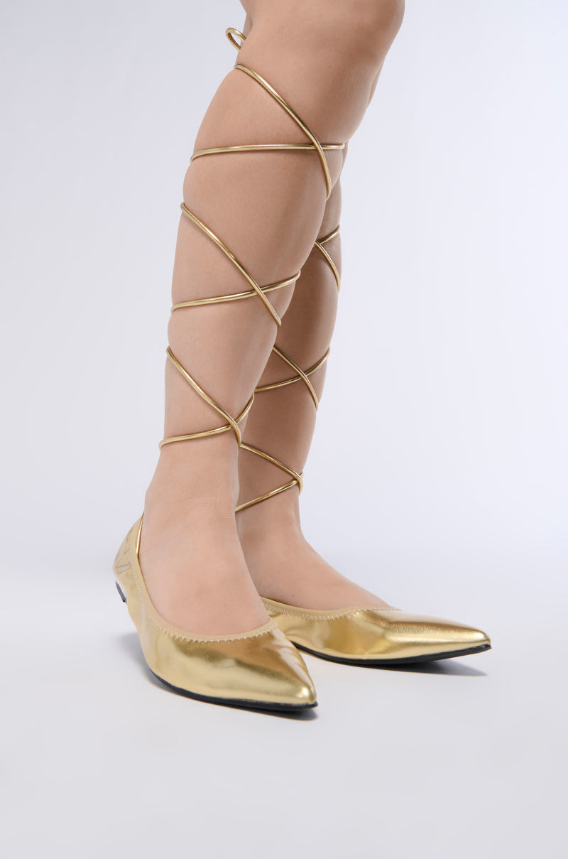 Front View Azalea Wang Cacio Gold Lace Up Ballet Flat