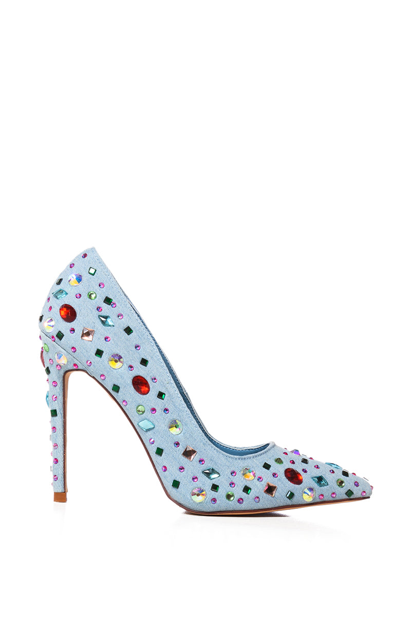 Side View Azalea Wang Camellia Embellished Pump In Denim