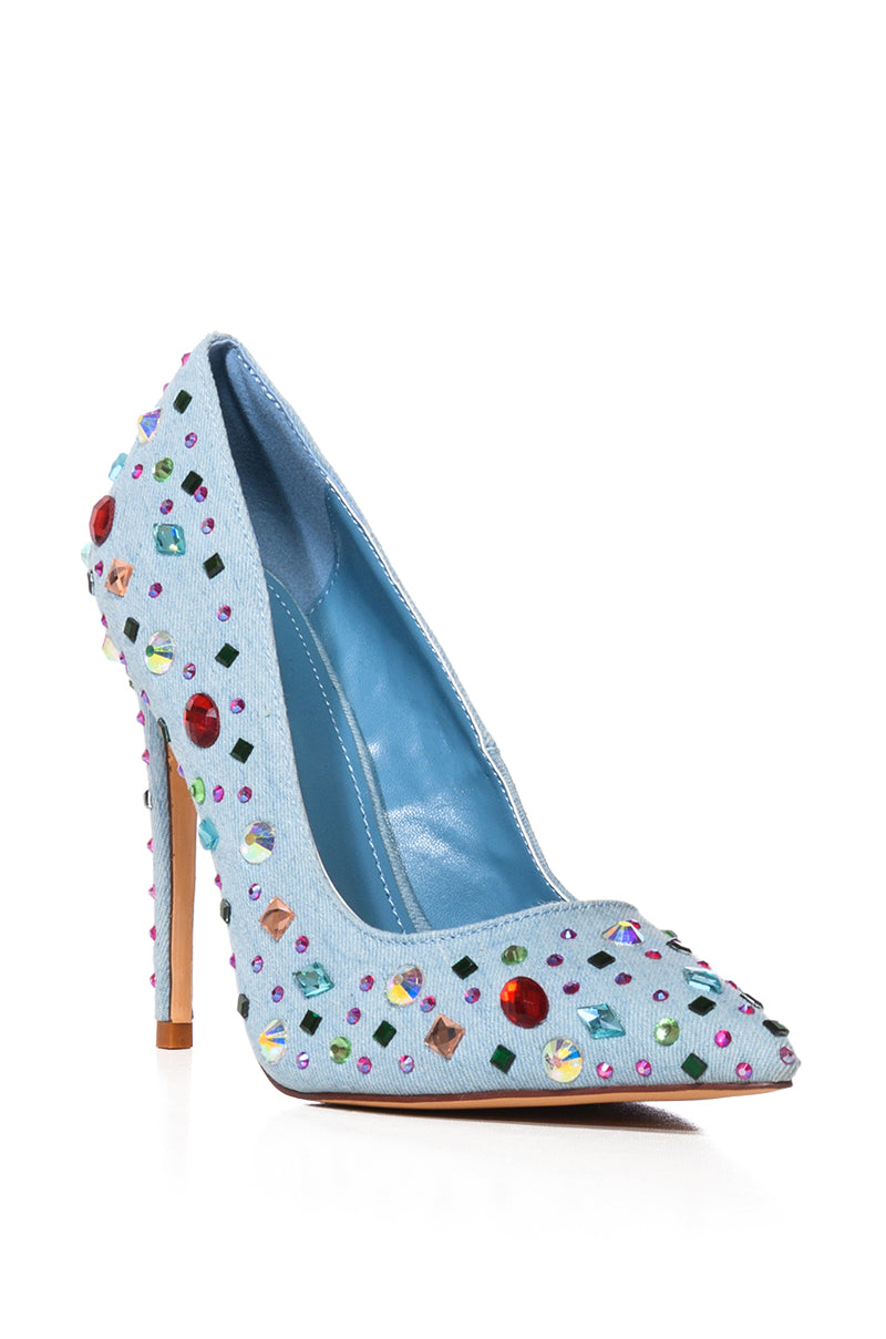 Back View Azalea Wang Camellia Embellished Pump In Denim
