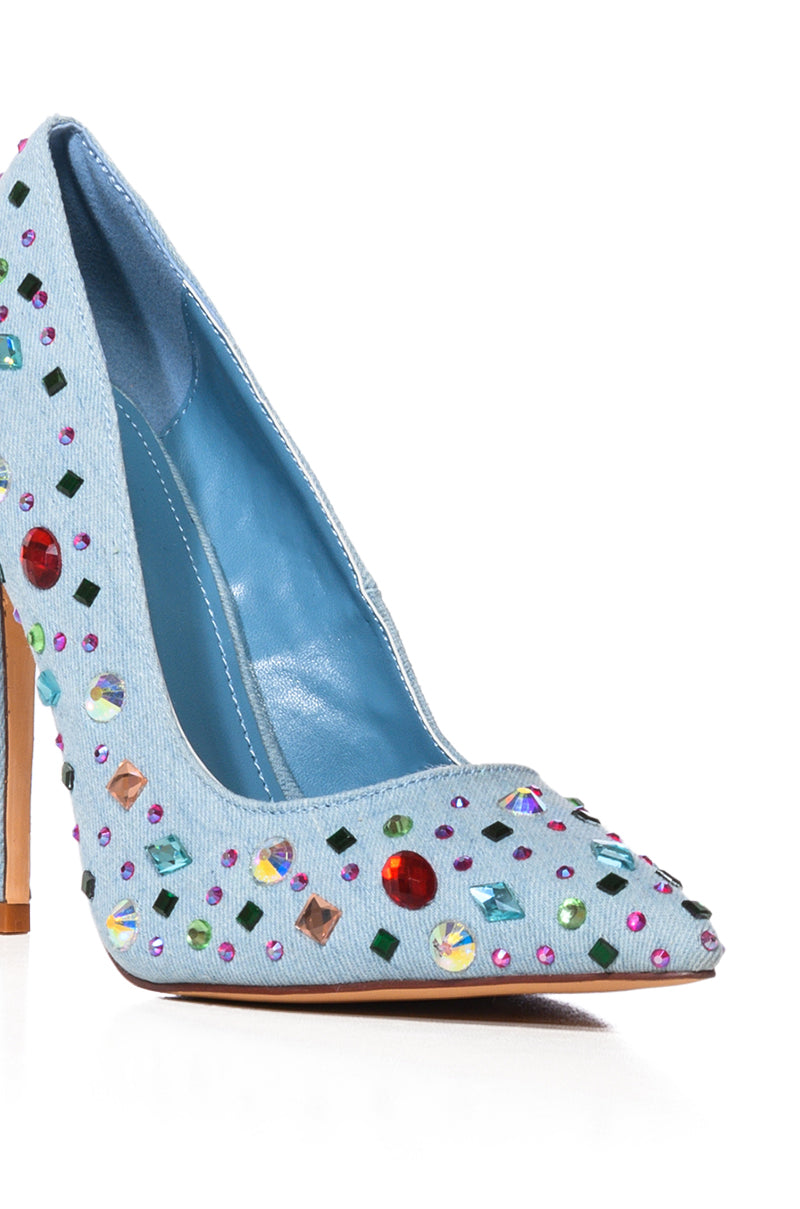 Full View Azalea Wang Camellia Embellished Pump In Denim