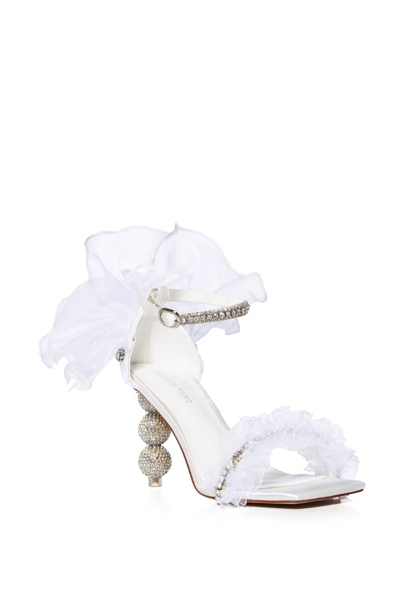 Back View Azalea Wang Candy Bling Ruffle Bubble Heel Sandal In White