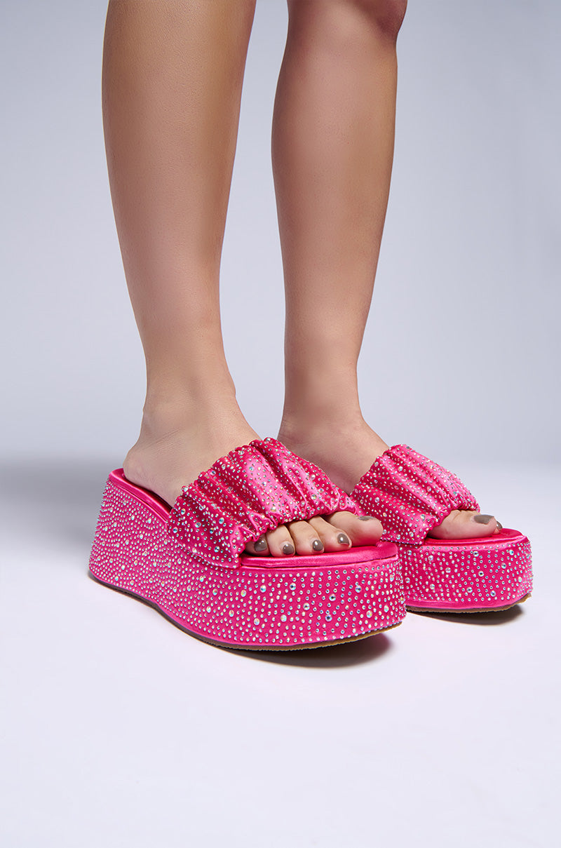 Front View Azalea Wang Capellini Pink Rhinestone Flatform Scrunchie Sandal
